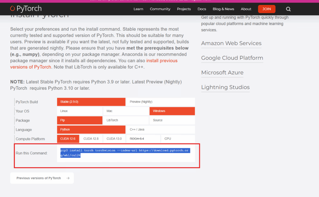 Pytorch官网页面,红圈圈出的是安装命令