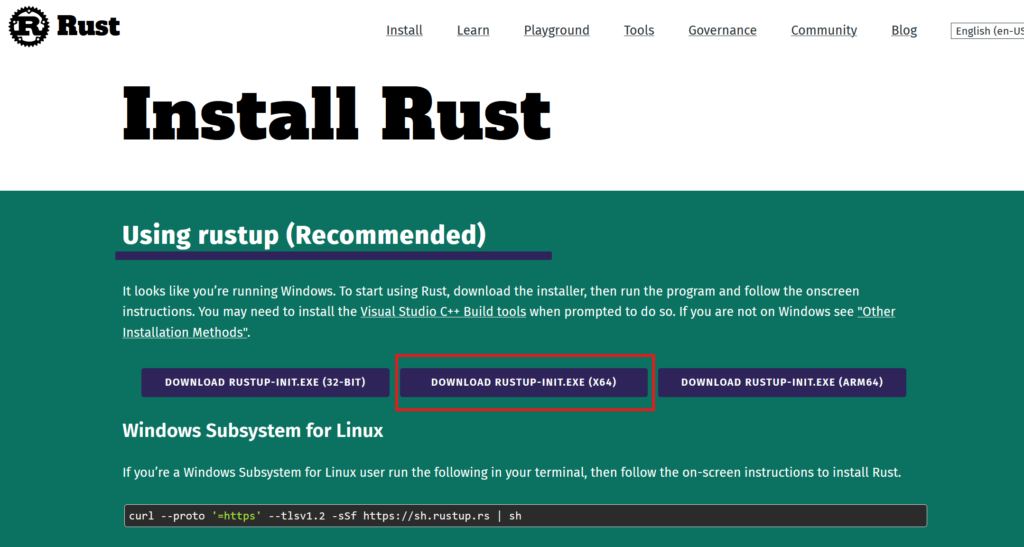 Rust官网的下载界面截图