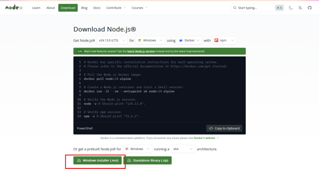  NodeJs官网的下载界面截图