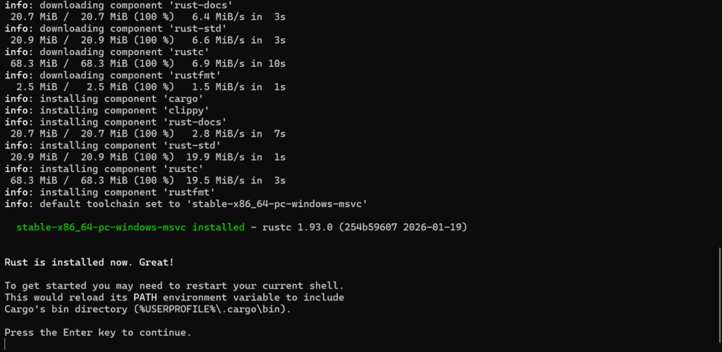 安装Rust成功后界面的截图