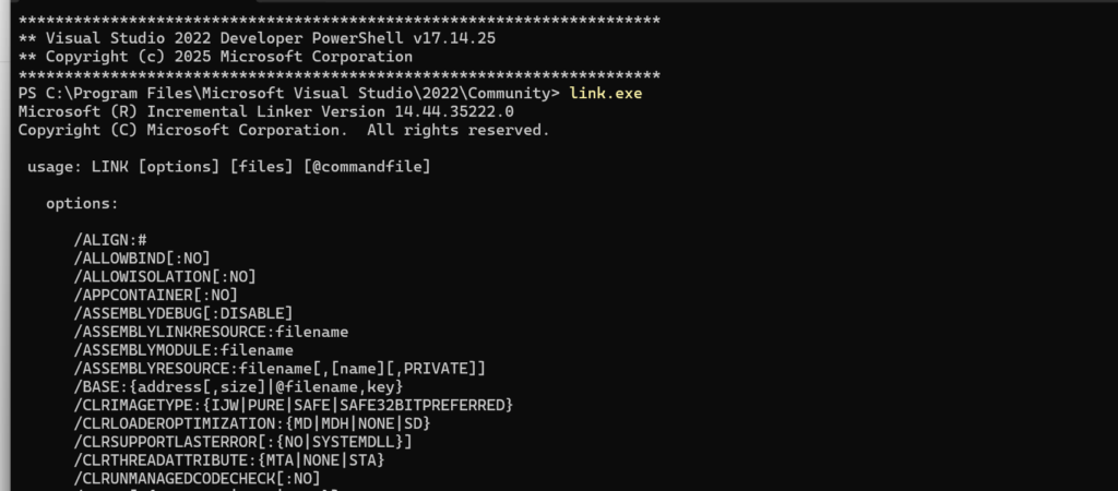 Developer Powershell正确调用link.exe的截图