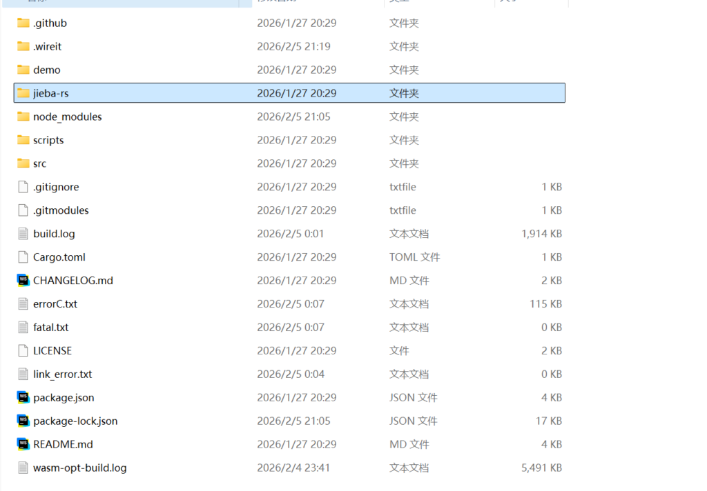 jieba-wasm项目目录截图，图中选中的是jieba-rs文件夹