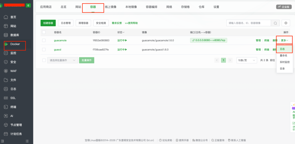 宝塔docker查看guacamole日志操作截图